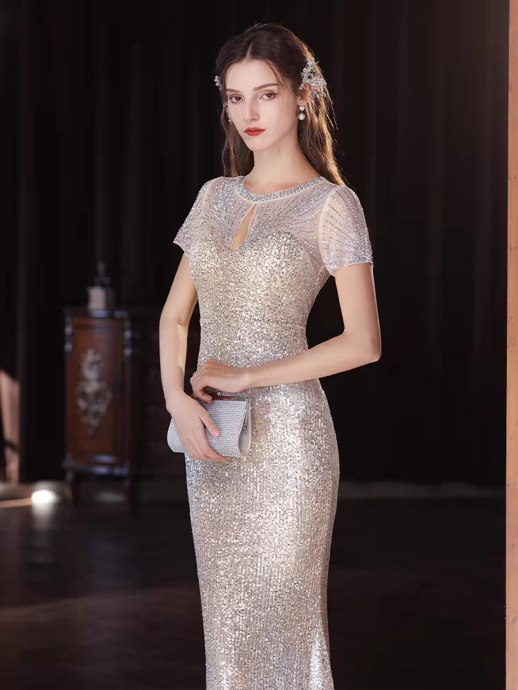 The Solasta Champagne Short Sleeve Evening Sequined Mermaid Dress –  WeddingConfetti
