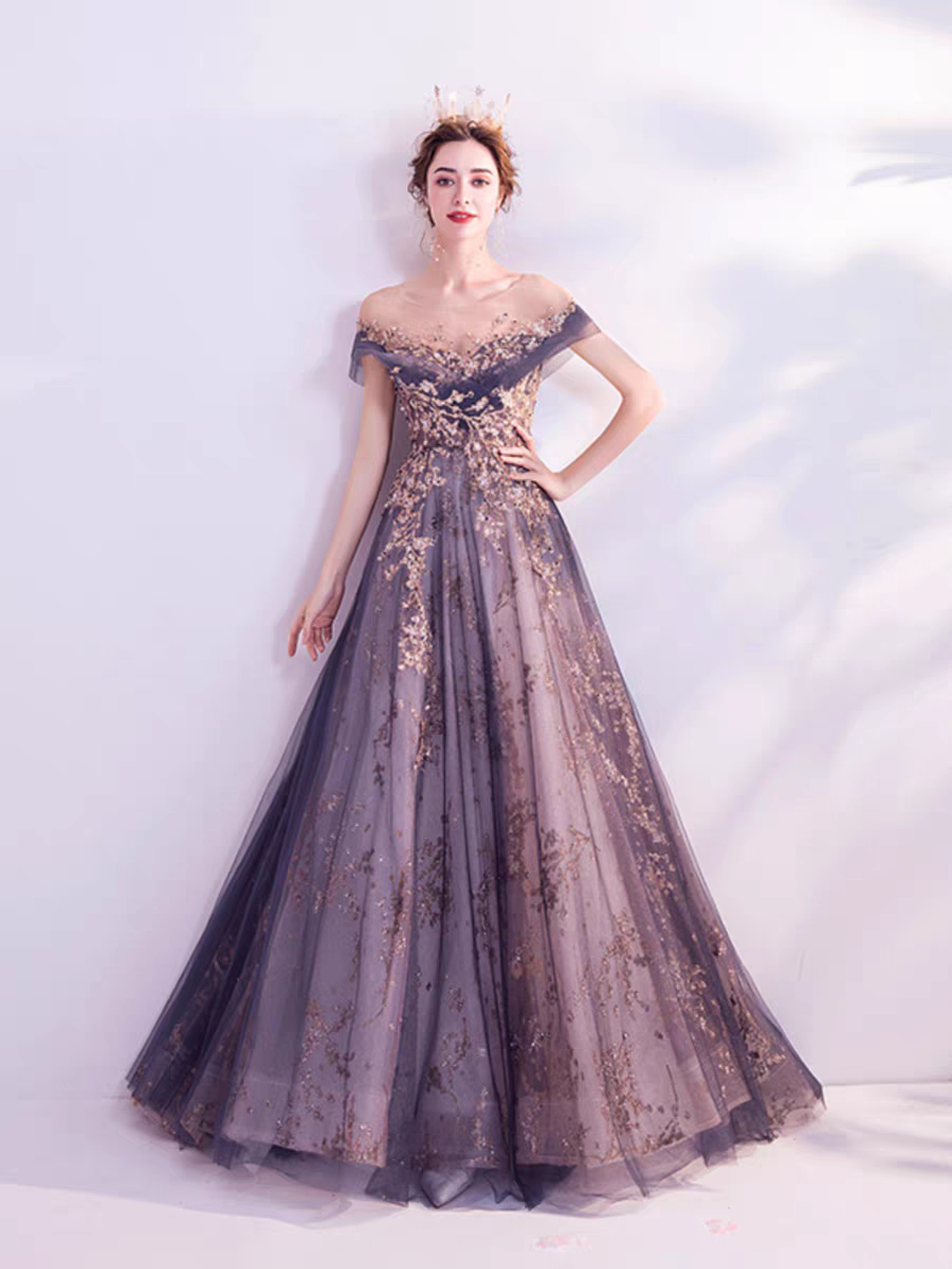 strapless open back dress Elegant A Line Spaghetti Straps Purple Lace Long Prom Dress with High –  abcprom main image 1