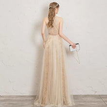 Load image into Gallery viewer, The Penelopia Champagne Halter Gown - WeddingConfetti