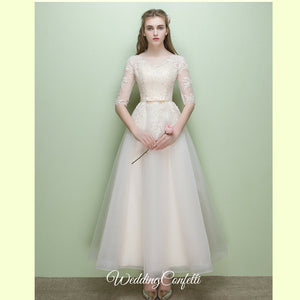 The Leanne Champagne Long Sleeves Lace Tulle Dress - WeddingConfetti