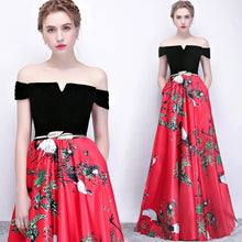 Load image into Gallery viewer, The Reianie Black & Yellow /  Red Off Shoulder Gown - WeddingConfetti