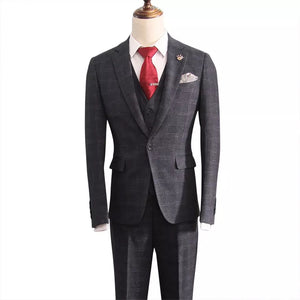 Patrick Groom Men's Navy Blue Suit Jacket, Vest and Pants (3 Piece) - WeddingConfetti