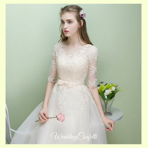 The Leanne Champagne Long Sleeves Lace Tulle Dress - WeddingConfetti