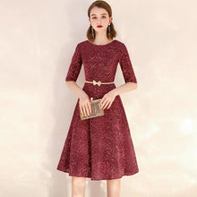 Load image into Gallery viewer, The Dianthe Short Sleeve Wine Red Sequined Dress - WeddingConfetti