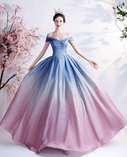 Load image into Gallery viewer, The Kyria Off Shoulder Blue Pink Ombre Gown