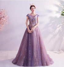 Load image into Gallery viewer, The Kesey Purple Gold Off Shoulder Gown