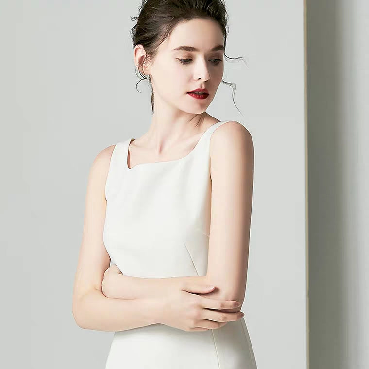 The Kalli Sleeveless White Short Midi Dress – WeddingConfetti