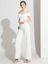 Load image into Gallery viewer, The Terri Off White/Black Off Shoulder Jumpsuit