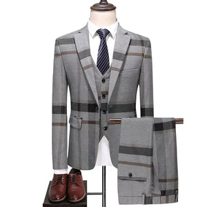 Men's Checkered Blue Suit Jacket, Vest and Pants (3 Piece) - WeddingConfetti