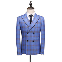 Load image into Gallery viewer, Gordon Groom Men&#39;s Sky Blue Checkered Suit Jacket, Vest and Pants (3 Piece) - WeddingConfetti