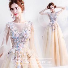 Load image into Gallery viewer, The Gregery Light Yellow 3D floral Flare Sleeves Gown - WeddingConfetti