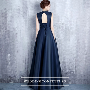 The Erinza Navy Blue Sleeveless Satin Dress - WeddingConfetti
