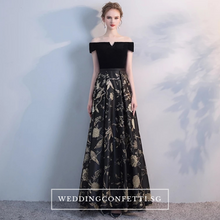 Load image into Gallery viewer, The Jardine Black Embroiderd Lace Off Shoulder Gown - WeddingConfetti