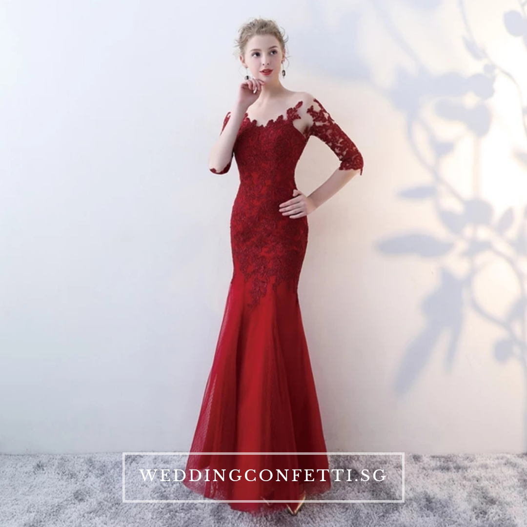 The Rorenza Red Wine Red Royal Blue Long Illusion Sleeves Gown