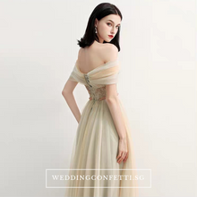 Load image into Gallery viewer, The Raylynn Champagne Tulle Off Shoulder Gown - WeddingConfetti