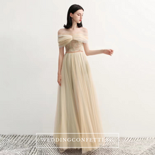 Load image into Gallery viewer, The Raylynn Champagne Tulle Off Shoulder Gown - WeddingConfetti