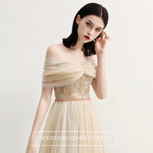 Load image into Gallery viewer, The Raylynn Champagne Tulle Off Shoulder Gown - WeddingConfetti