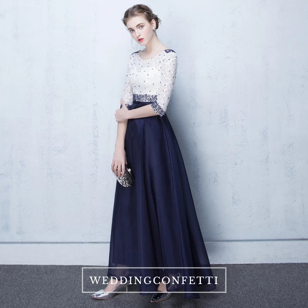 navy blue and white combination dress The Tabitha White Navy Blue Long Sleeves Gown – WeddingConfetti