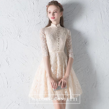 Load image into Gallery viewer, The Penelope Mandarin Collar Champagne Short Dress - WeddingConfetti