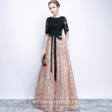 Load image into Gallery viewer, The Charlize Floral Lace Black & Gold Long Sleeves Gown - WeddingConfetti