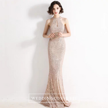 Load image into Gallery viewer, The Lilian Gold Sequined Halter Gown (Available in 2 colours) - WeddingConfetti