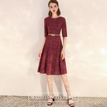 Load image into Gallery viewer, The Dianthe Short Sleeve Wine Red Sequined Dress - WeddingConfetti