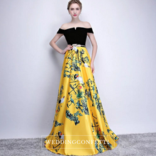Load image into Gallery viewer, The Reianie Black & Yellow /  Red Off Shoulder Gown - WeddingConfetti