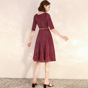 The Dianthe Short Sleeve Wine Red Sequined Dress - WeddingConfetti