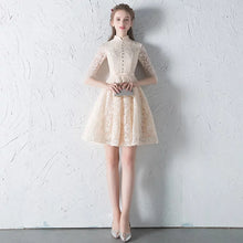 Load image into Gallery viewer, The Penelope Mandarin Collar Champagne Short Dress - WeddingConfetti