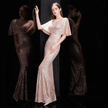 Load image into Gallery viewer, The Rayna Gold Sequined Draped Sleeves Gown (Available in 2 colours) - WeddingConfetti