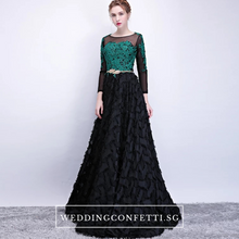 Load image into Gallery viewer, The Kistina Floral Lace Black and Green Illusion Long Sleeves Gown - WeddingConfetti