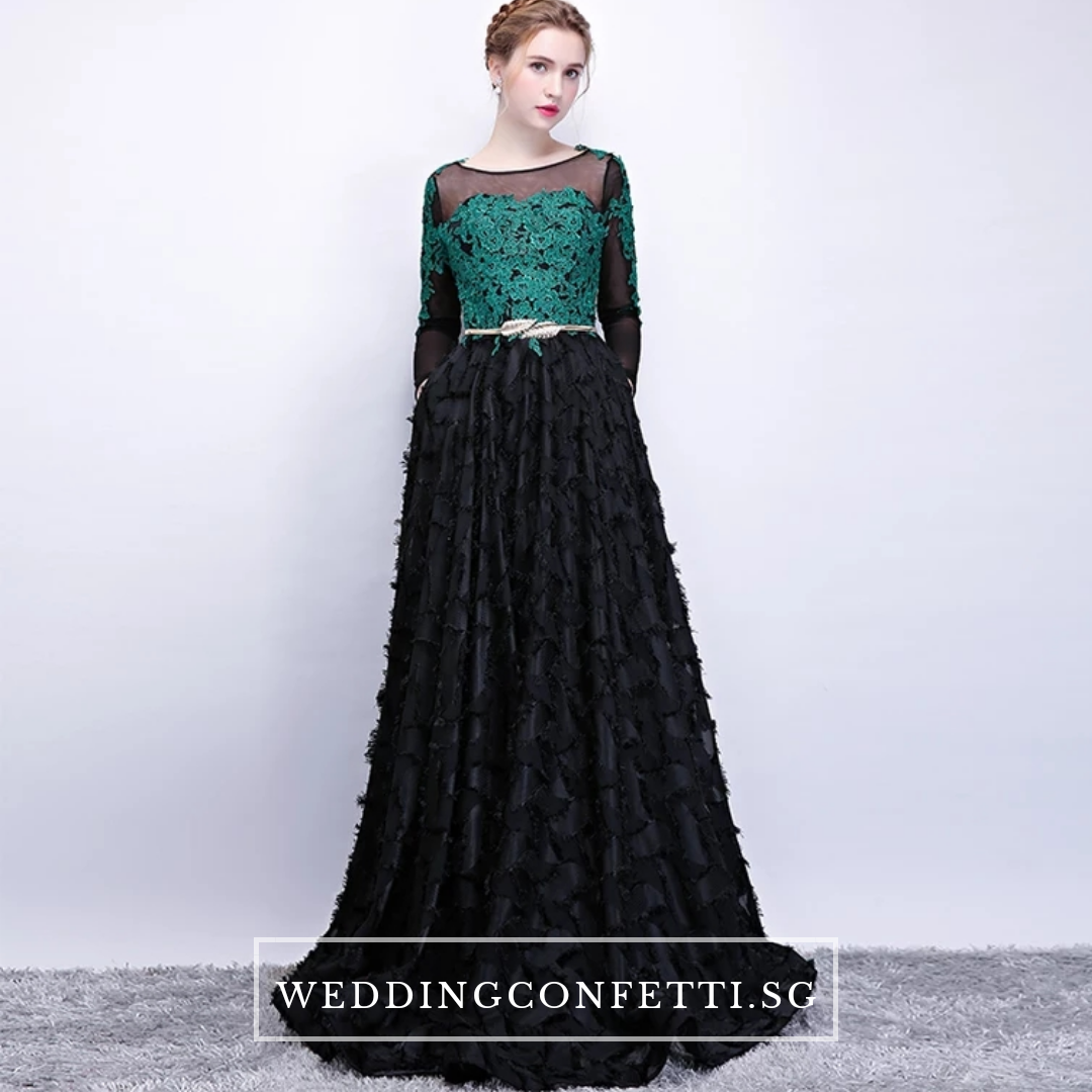 The Kistina Floral Lace Black and Green Illusion Long Sleeves Gown –  WeddingConfetti