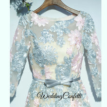 Load image into Gallery viewer, The Ophena Grey and Pink Long Sleeve Lace Dress - WeddingConfetti