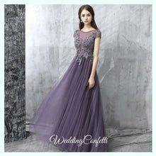 Load image into Gallery viewer, The Pedrine Purple Lace Short Sleeves Gown - WeddingConfetti