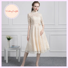 Load image into Gallery viewer, The Perina Pink / Champagne Lace Mandarin Collar Short Dress - WeddingConfetti