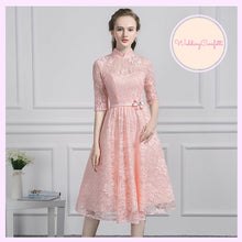 Load image into Gallery viewer, The Perina Pink / Champagne Lace Mandarin Collar Short Dress - WeddingConfetti