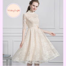 Load image into Gallery viewer, The Perina Pink / Champagne Lace Mandarin Collar Short Dress - WeddingConfetti