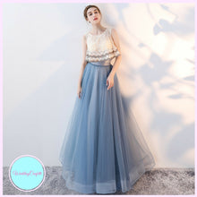 Load image into Gallery viewer, The Rezzane Champagne Blue Lace Long Dress - WeddingConfetti