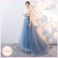Load image into Gallery viewer, The Rezzane Champagne Blue Lace Long Dress - WeddingConfetti