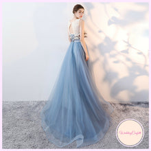 Load image into Gallery viewer, The Rezzane Champagne Blue Lace Long Dress - WeddingConfetti