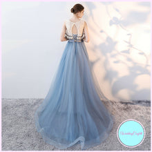 Load image into Gallery viewer, The Rezzane Champagne Blue Lace Long Dress - WeddingConfetti