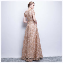 Load image into Gallery viewer, The Rikka Gold Short Sleeve Gown - WeddingConfetti