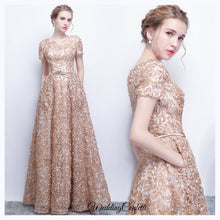 Load image into Gallery viewer, The Rikka Gold Short Sleeve Gown - WeddingConfetti