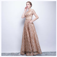 Load image into Gallery viewer, The Rikka Gold Short Sleeve Gown - WeddingConfetti