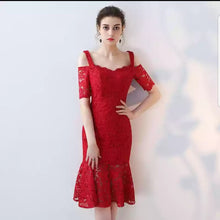Load image into Gallery viewer, The Keridia Off Shoulder Black / Red Lace Dress (Available In 2 Colours) - WeddingConfetti