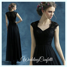 Load image into Gallery viewer, The Belinda Black Cap Sleeve Dress Gown - WeddingConfetti