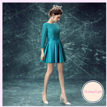 Load image into Gallery viewer, The Tessa Wedding Bridal Teal Long Sleeves Short Dress - WeddingConfetti