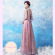 Load image into Gallery viewer, The Veronique Gold / Pink / Grey Flare Sleeves Gown - WeddingConfetti