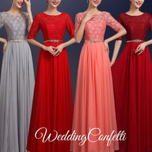 Load image into Gallery viewer, The Rosetta Black / Grey / Red / Coral / Green Lace Sleeves Evening Gown - WeddingConfetti