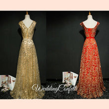 Load image into Gallery viewer, The Riselle Gold/Blue/Red Sleeveless A Line Gown - WeddingConfetti